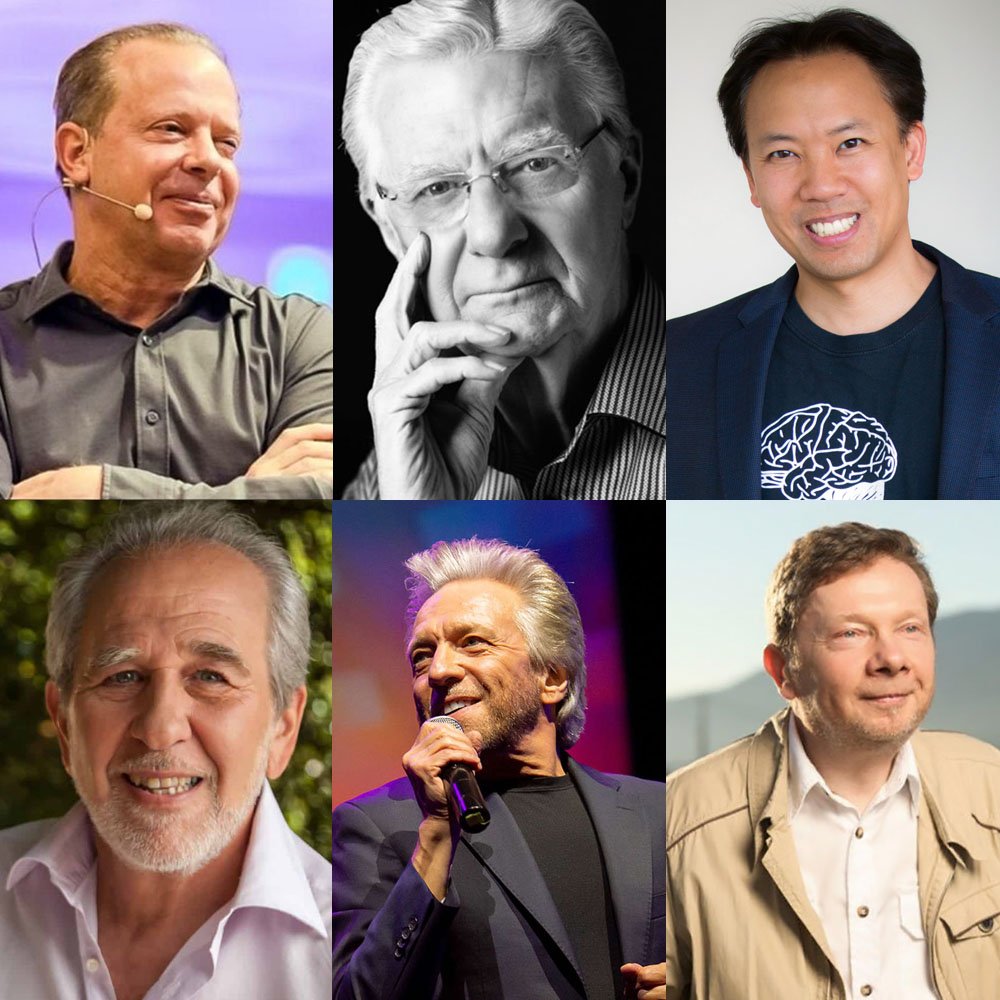 Une photo montrant les intervenants d'Ascension Succès tels que Joe Dispenza, Bob Proctor, Jim Kwik, Bruce Lipton, Gregg Braden et Eckhart Tolle