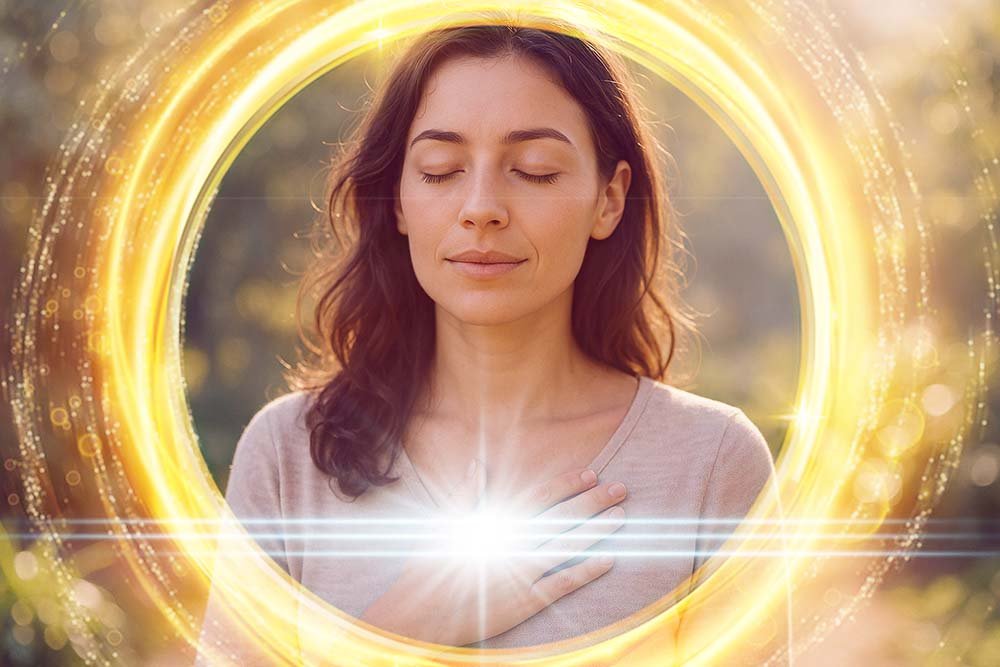 Femme pratiquant la cohérence cardiaque, main sur le cœur, dans un moment de paix intérieure